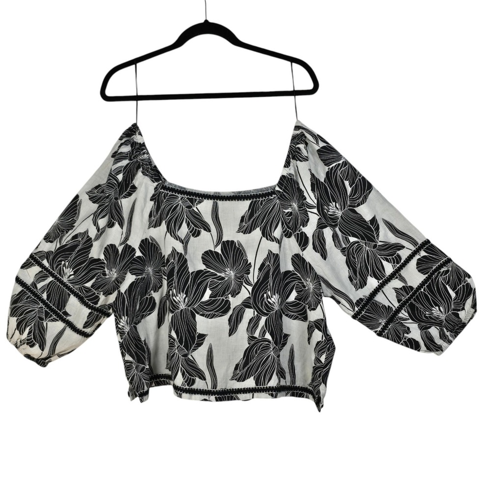 Tahari Womens XL Linen Floral Crop Top Black White Square Neck 3/4 Puff Sleeve